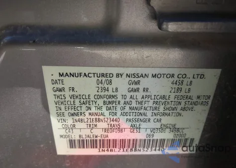 2008 Nissan Altima 3.5 Sl z USA, uszkodzony, nr VIN 1N4BL21E88N523440